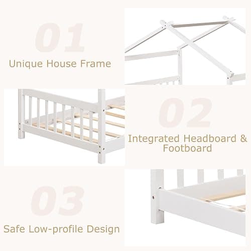 GORELAX Twin Size Floor Kid House Bed with Roof & Wooden Slats | Montessori Floor Bed, No Box Spring Needed, Wood Twin Size Platform Bed Frame for Boys, Girls (White, Twin) thumbnail 4
