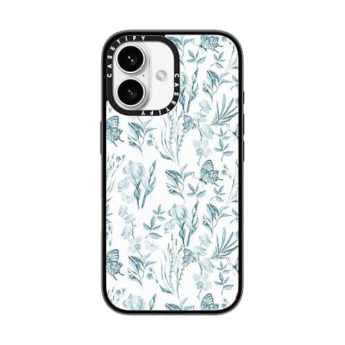 CASETiFY Compact iPhone 16 Case [4 ft. 2X Military Grade Drop Protection/Slim/Lightweight] - Elegant Pastel Blue Vintage Butterfly Floral - Clear Black - Image 1