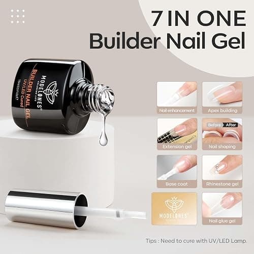 modelones Builder Nail Gel, 7-in-One Clear Builder for Nails, LED Lamp Cured Color Rubber Base Gel Polish Coat Strengthener Thickening Extension Rhinestone Glue in a Bottle for DIY Home Salon Gifts thumbnail 2