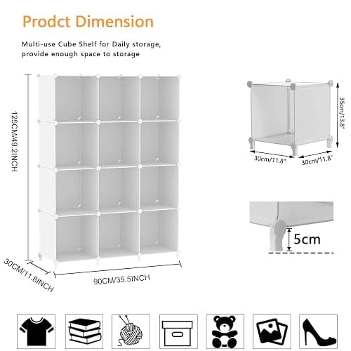 AWTATOS Cube Storage Organizer Storage 12 Cube Bookshelf DIY Plastic Closet Clothes Storage Shelves with Wooden Mallet, Stackable Storage Solution for Home, Bedroom, White thumbnail 3