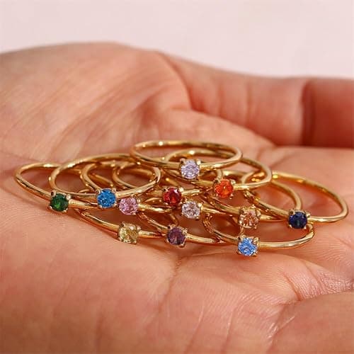 OAKKY Birthstone Rings for Women Stackable Finger Gemstone Gold Plated Cubic Zirconia Circle Colorful Thin Dainty Simple Wedding Engagement Jewelry thumbnail 5