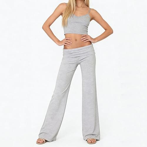 Lounge Yoga Pants for Women Fold Over Low Waist Wide Leg Bell Bottoms | Y2K Foldover Pants, Flare Leggings, Low Rise Yoga Sweatpants thumbnail 4