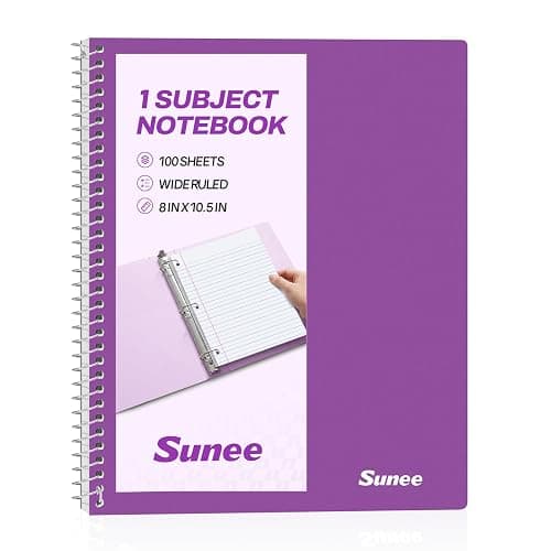 SUNEE Spiral Notebook, 1-Subject, Wide Ruled Paper, 8" x 10-1/2", 100 Sheets per Notebook, 3-Hole Punched Paper, Water Resistant Cover, Double-sided Pockets, Dark Purple - Image 1