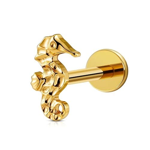 FINE4U 1PC 16G ASTM F136 Titanium Octopuses Piercings Jewelry with 6mm 8mm Post for Conch Helix Flat Labret 16G 6mm 8mm - Seahorses- Gold - Image 1