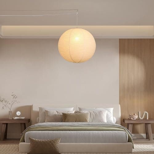 Fivemengo Paper Lantern Lamp Plug in Hanging Lamp, 20in White Rice Paper Pendant Light with 19.7FT Cord Large Globe Japanese Japandi Wabi Sabi Chandelier for Dining Living Room Bedroom Office 1 Pack thumbnail 2