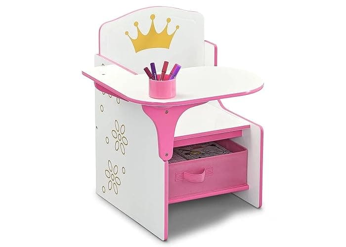 Delta Children Princess Crown Chair Desk with Storage Bin - Ideal for Arts & Crafts, Snack Time, Homeschooling, Homework & More - Greenguard Gold Certified, White/Pink - Image 1