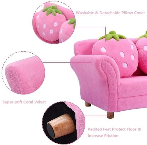 Fireflowery Kids Sofa, Children Upholstered Loveseat Lounge Bed w/ 2 Cute Strawberry Pillows, Children Couch Armrest, Double Seat Kid Sofa for Playroom Bedroom Living Room Baby Room, Pink thumbnail 4