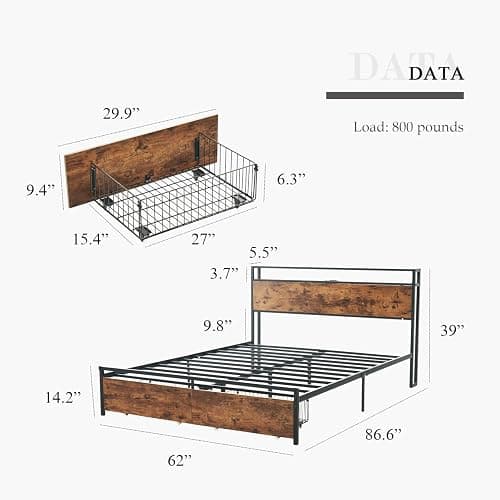Eifizek Queen Size Bed Frame with Storage Headboard & Charging Station, Platform Bed Frame with Drawers, No Box Spring Needed, Easy Assembly (Brown) thumbnail 2