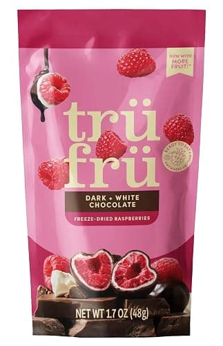 Tru Fru Freeze-Dried Raspberries in Dark & White Chocolate, 1.7 Ounce Bag - Image 1