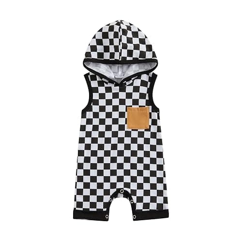 Karesoull Newborn Boy Checkered Outfit Baby Sleeveless Hooded Romper Jumpsuit Cute Summer Clothes - Image 1