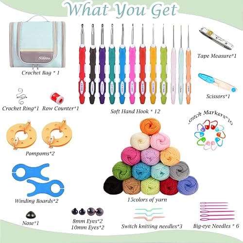 Knitiss Crochet Kits with Case, Beginner Crochet Set Includes 15 Yarn Skeins & 12 Ergonomic Crochet Hooks thumbnail 2
