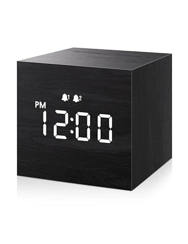 JALL Digital Alarm Clock, with Wooden Electronic LED Time Display, Dual Alarm, 2.5-inch Cubic Small Mini Wood Made Electric Clocks for Bedroom, Bedside, Desk, Black - Image 1