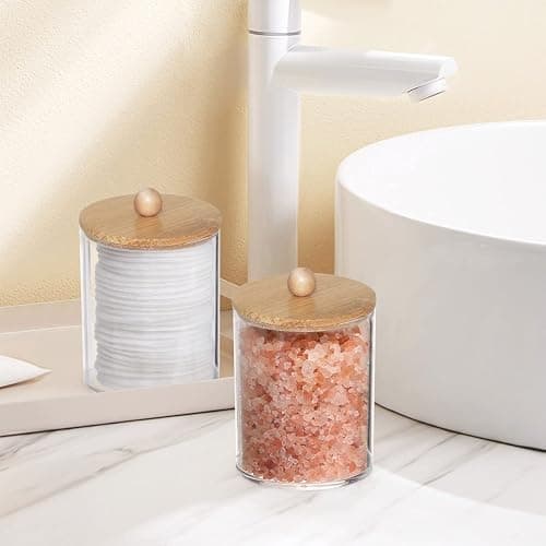 Tbestmax 4 Pack Qtip Holder, 10-Ounce Bathroom Organizer Accessories Storage Containers Clear Plastic Apothecary Jars with Bamboo Lids for Cotton Ball, Cotton Swab, Floss thumbnail 7