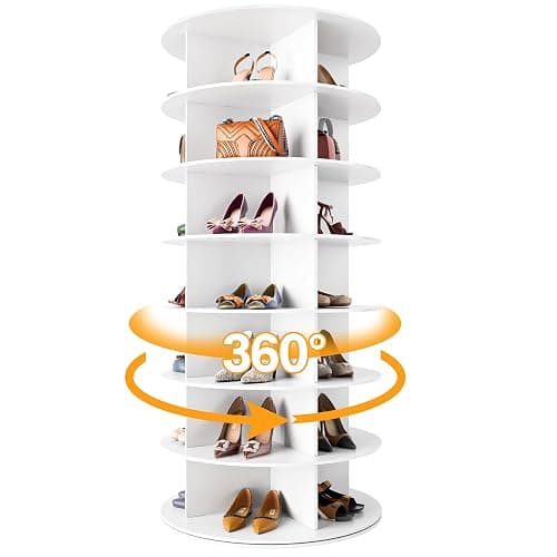 MAGIC UNION Rotating Shoe Rack Tower 7 Tier Organizer, Vertical Spinning Shoe Display Lazy Susan, Revolving 360 White Shoe Rack Storage Round Carousel, Rotate Shoes Closet Organization - Image 1