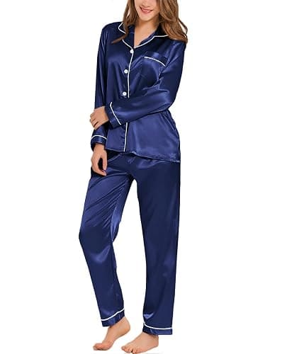 SWOMOG Womens Silk Satin Pajamas Set Long Sleeve Button Down Sleepwear 2 Piece Lounge Set Pj Set XS-3XL - Image 1