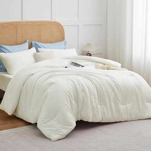 CozyLux Queen Comforter Set Ivory, 3 Pieces Solid Breathable Quilted Style Bedding Sets for Girls, Luxury Soft Microfiber Down Alternative Comforter Bet Set All Season (1 Comforter & 2 Pillowcases) - Image 1