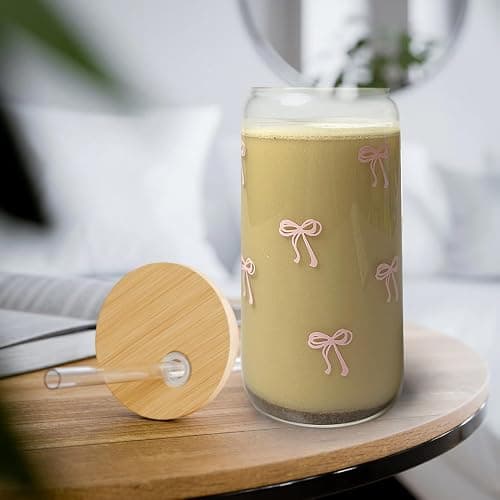 Mikopei Coquette Aesthetic Glass Cups with Lids and Straws - Pink Bow Iced Coffee Cup Decor, Cute Tumbler Smoothie with Cleaning Brush&Gift Box, Gifts for Girls Women Friends, 16 oz thumbnail 7