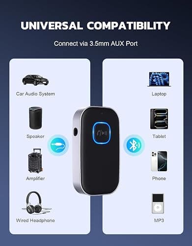 COMSOON Bluetooth Receiver for Car, Noise Cancelling 3.5mm AUX Bluetooth Car Adapter, Wireless Audio Receiver for Home Stereo/Wired Headphones, Hands-Free Call, 16H Battery Life - Black+Silver thumbnail 2