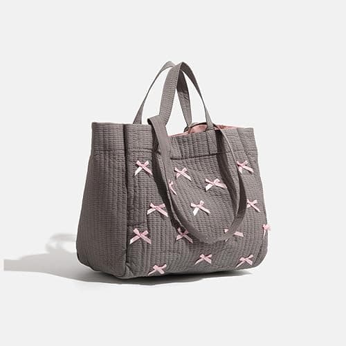 Umimss Preppy Y2K Bow Tote Handbag - Gray-Pink Puffer Aesthetic Large Shoulder Hobo for School, Fashion and Travel thumbnail 6