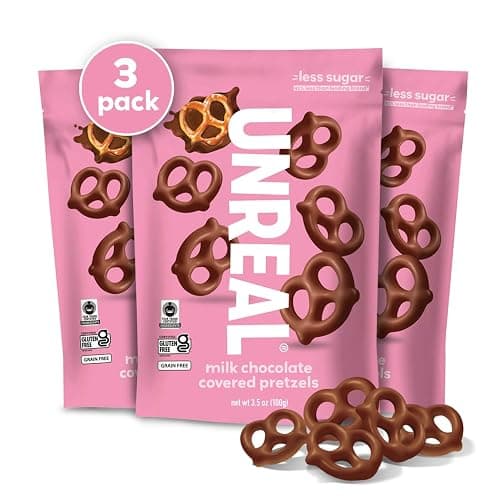 UNREAL Milk Chocolate Covered Pretzels, 7g Sugar, Chocolate Candy Treat Bag, Gluten Free, Fair Trade, Non-GMO, 3.5oz (Pack of 3) - Image 1