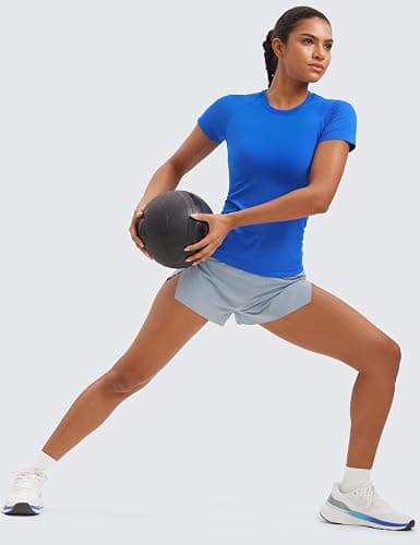 CRZ YOGA Seamless Workout Tops for Women Short Sleeve Athletic Tees Breathable Gym Running Yoga Shirts - Medium - Sparkle Blue thumbnail 3