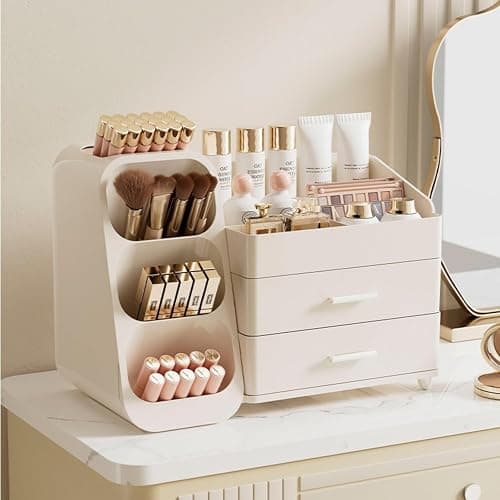 KQJS Makeup Organizer with Drawers,Large Capacity Countertop Organizer for Vanity,Bathroom and Bedroom Desk Cosmetics Organizer,Easy To Storage Skincare,Brushes,Lotions,Lipstick (All Cream) thumbnail 8