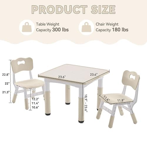 GITAWUSA Kids Study Table and Chairs Set, Height Adjustable Toddler Table and Chair Set for Kids Ages 3-8, 23.6" L x 23.6" W Graffiti Desktop Plastic Children Art Table with 2 Seats, Burlywood thumbnail 2