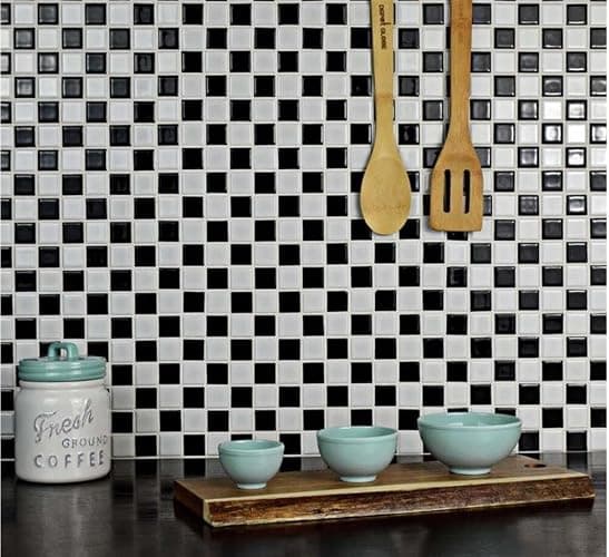 Tenedos Square Black and White Checker Board Porcelain Mosaic Wall Floor Tile Backsplash Shiny Look for Kitchen, Bathroom Shower, Accent Decor, Fireplace thumbnail 6