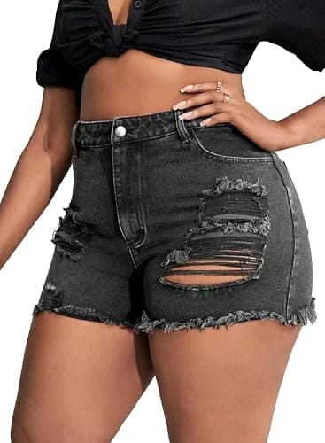 MapleHub Plus Size Denim Shorts Women High Waisted Ripped Folded Hem Jean Shorts thumbnail 5