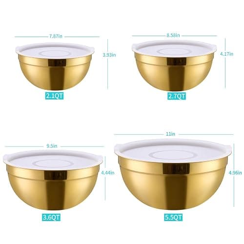 DINYWOW 4 Piece Gold Mixing Bowls With Lids for Kitchen, Stainless Steel Set Ideal for Baking, Prepping, Cooking and Serving Food, Nesting Metal Bowls for Space Saving Storage thumbnail 2