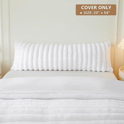 MEGO Fluffy Faux Rabbit Fur Body Pillow Cover, Soft Plush Fuzzy Wide Striped 20x54 Zippered Body Pillowcase, Decorative Shaggy Furry Bedroom Long Pillow Cover for Pregnant Women Side Sleeper, White thumbnail 2