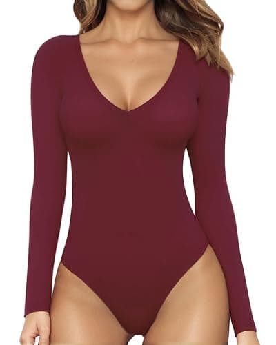 MANGOPOP Women's Long Sleeve Short Sleeve Bodysuit Sexy V Neck Body Suits Fitted Fall Going Out Tops - Image 1
