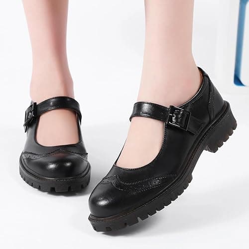 Mary Jane Shoes Black Platform Mary Janes for Women Oxford Leather Flats | Dress Casual Ladies Oxford Loafers Shoes for Office School Girl Dressy Work Walking Round Toe Comfortable maryjane Shoes thumbnail 9