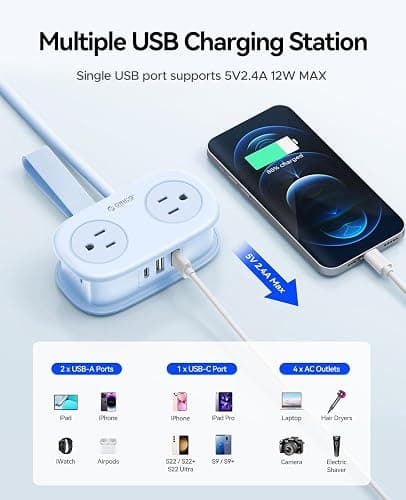 Travel Power Strip with USB C, ORICO 4 Outlets 3 USB Ports (1 USB C) with 4FT Wrapped Short Extension Cord Small Power Strip, Non Surge Protector for Travel, Cruise Ship-AP3 thumbnail 8
