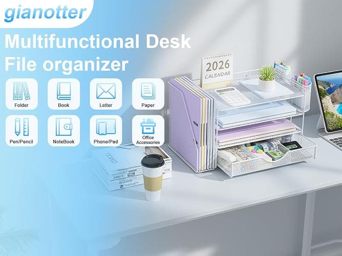 gianotter Desk Organizers and Accessories with File Holder, 4-Tier Desk Accessories & Workspace Organizers with Drawer and 2 Pen Holder, Paper Organizer for Office Supplies (White) thumbnail 6