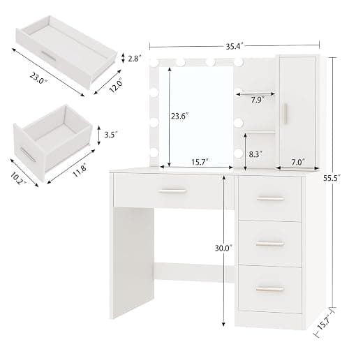 FIONESO Vanity Desk with Mirror and Lights, Makeup Vanity with 4 Drawers, Cabinet & 4 Necklace Hooks, White Vanity with Mirror and 10 LED Lights, Dressing Table for Women, Bedroom, White thumbnail 2