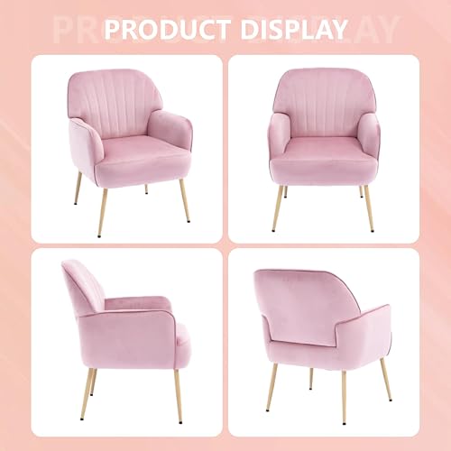 E-Motie Velvet Accent Chair, Modern Upholstered Single Sofa Side Living Room Chair, Comfy Barrel Reading Armchair with Metal Legs for Bedroom, Waiting Room, Office and Cafe, Pink thumbnail 8
