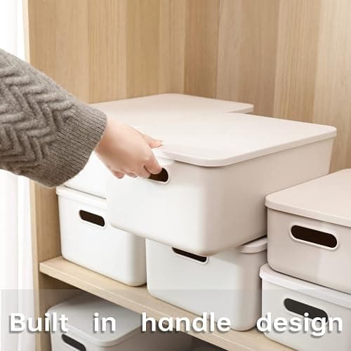 Yishyfier Plastic Storage Baskets With Lid Organizing Container Lidded Knit Storage Organizer Bins for Shelves Drawers Desktop Closet Playroom Classroom Office (4M+2S, Light grey) thumbnail 4