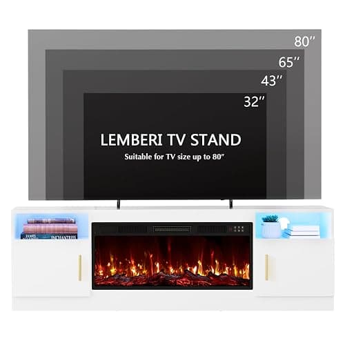 LEMBERI 70" Fireplace TV Stand for TVs up to 80", 36" Electric Fireplace 750W/1500W Entertainment Center with 20-Color LED, 300lbs Max Capacity High Gloss Storage Cabinet Console, White thumbnail 3