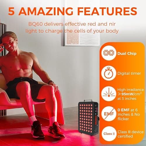 BestQool Red Light Therapy, Dual Chip Clinical Grade LED Device with Near-Infrared Light 660nm 850nm High Power Panel, Ideal for Body, Face, Recovery, Improve Sleep, Skin Health, 105W (Black 60) thumbnail 5