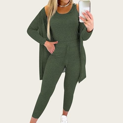 3 Piece Lounge Sets for Women Fall Fashion 2025 Outfits Tank Top Long Sleeve Cardigan and Pants Sets Loungewear thumbnail 3