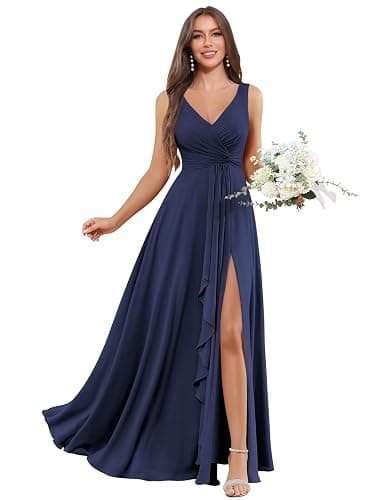 BOLENSYE Women's V Neck Bridesmaid Dresses with Pockets A Line Ruffles Ruched Long Slit Chiffon Evening Party Gown - Navy Blue - 16 - Image 1