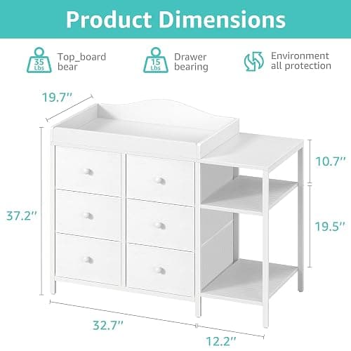 BOLUO Baby Dresser with Changing Table Top, White Changing Table Dresser with 6 Fabric Drawers Diaper Changing Station with Storage Shelf for Nursery Modern thumbnail 6