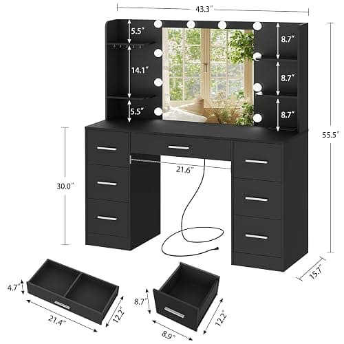Quimoo Large Vanity Desk with LED Lighted Mirror & Power Outlet,Makeup Vanity Table with 7 Drawers,4 Shelves and 5 Hooks,Vanity Table, Vanity Desk Set for Bedroom,Bathroom，Black thumbnail 2