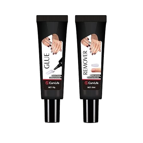 Curvlife Newly Upgraded Quick Drying 10g Semi Solid Nail Glue with 10ml Remover for Press On Nails Tips No Need for UV Lamp Long Lasting Fake Acrylic Nails Kit Glue Gel