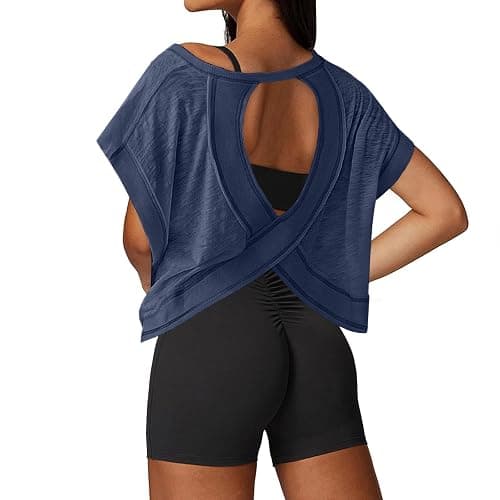 UNIANKIYA Open Back Workout Tops for Women Loose Fit Athletic Crop Tee Short Sleeve Gym Running Yoga Shirt - Image 1
