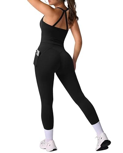 RXRXCOCO Cross Back Workout Sets for Women 2 Piece Padded Tank Tops Hidden Scrunch Leggings Gym Outfits with Pockets - Image 1