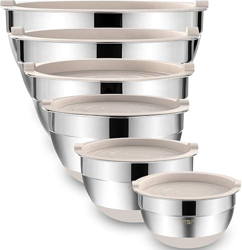 Umite Chef Mixing Bowls with Airtight Lids, 6 piece Stainless Steel Metal Nesting Storage Bowls, Non-Slip Bottoms Size 7, 3.5, 2.5, 2.0,1.5, 1QT, Great for Mixing & Serving (Khaki) - Image 1