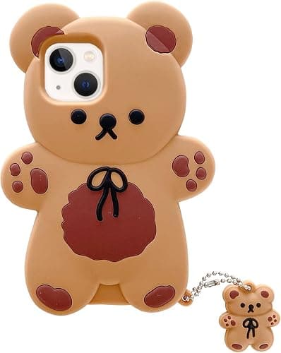Yatchen Bear Case Compatible with iPhone 15,Kawaii Phone Cases Cute 3D Cartoon Teddy Bear with Keychain Women Girls Soft Silicone Shockproof Cover for iPhone 15 - Image 1