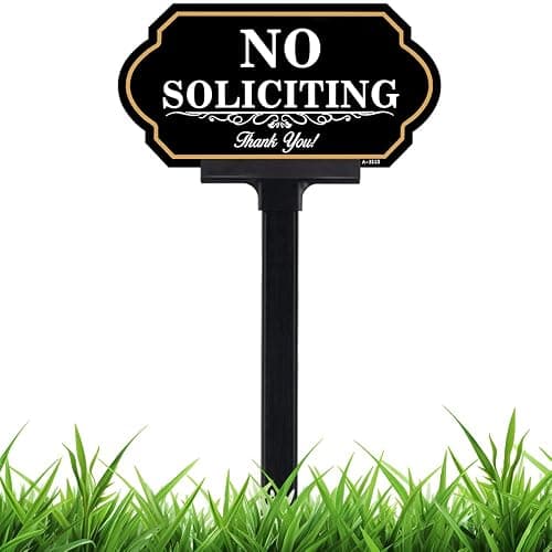 No Soliciting Sign for House with Stake - 40-mil Thick Aluminum - 5x10 Inch/37 Inch High - Adjustable Height - Outdoor Yard Sign for Home and Front Door (A1513) - Image 1